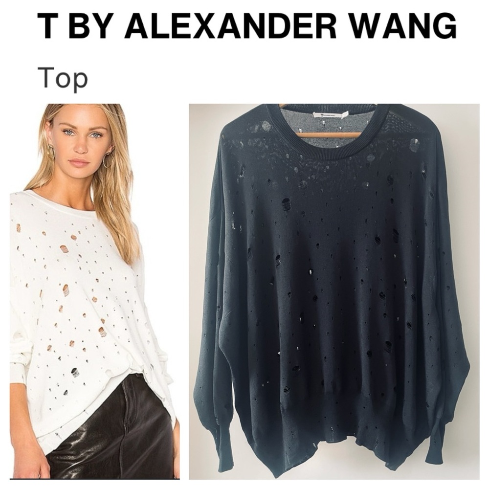 T By ALEXANDER WANG Black Knit Distressed Hole Detail Oversized Sweater